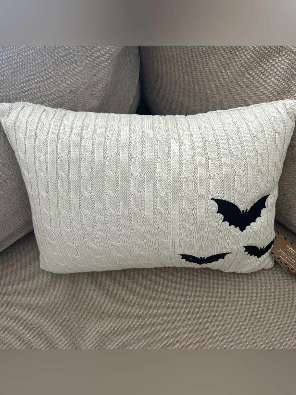 “New” Cupcakes & Cashmere Cream Cable-Knit Decorative Pillow with Black Bats